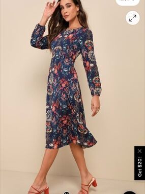 Lulu's Navy Midi Dress with Coral Floral Print